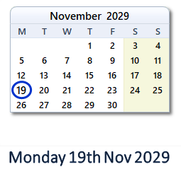 19 November 2029 calendar