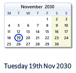 19 November 2030 calendar