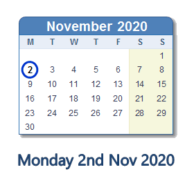 2 November 2020 calendar