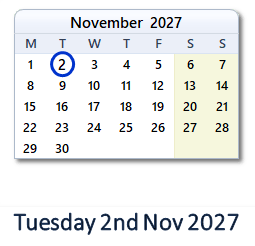 2 November 2027 calendar
