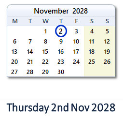 2 November 2028 calendar