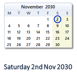 2 November 2030 calendar