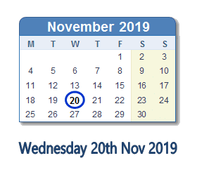 20 November 2019 calendar