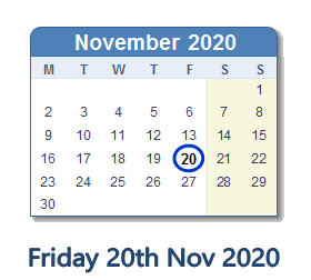 20 November 2020 calendar