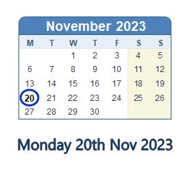 20 November 2023 calendar