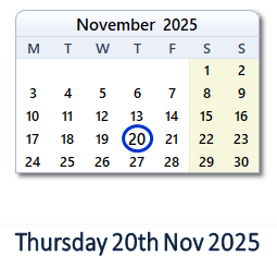 20 November 2025 calendar