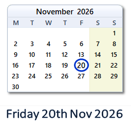 20 November 2026 calendar