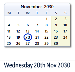 20 November 2030 calendar
