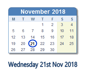 21 November 2018 calendar