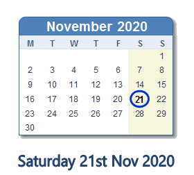 21 November 2020 calendar
