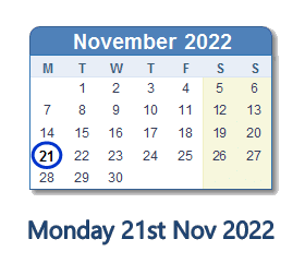 21 November 2022 calendar
