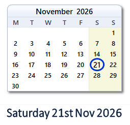 21 November 2026 calendar