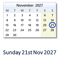 21 November 2027 calendar