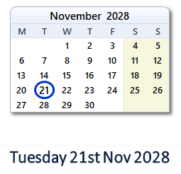 21 November 2028 calendar