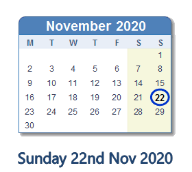 22 November 2020 calendar