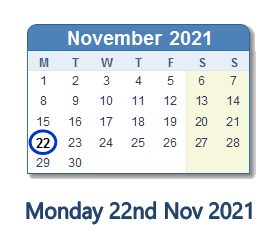 22 November 2021 calendar
