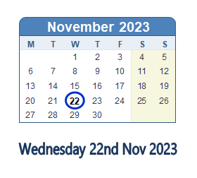 22 November 2023 calendar