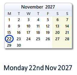 22 November 2027 calendar