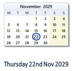 22 November 2029 calendar