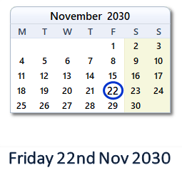 22 November 2030 calendar