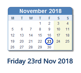 23 November 2018 calendar