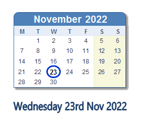 23 November 2022 calendar