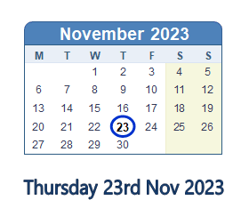 23 November 2023 calendar