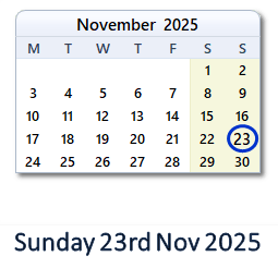 23 November 2025 calendar