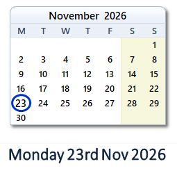 23 November 2026 calendar