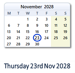 23 November 2028 calendar