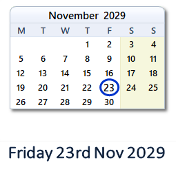 23 November 2029 calendar