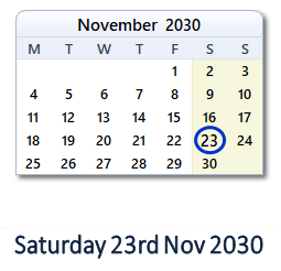 23 November 2030 calendar