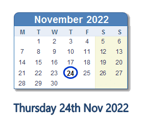 24 November 2022 calendar
