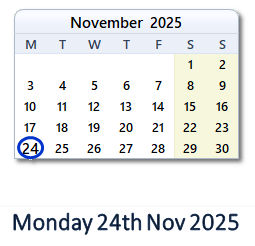 24 November 2025 calendar