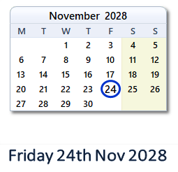 24 November 2028 calendar