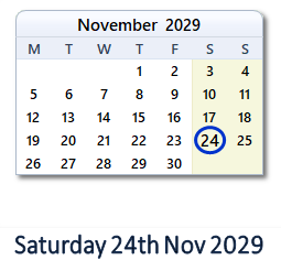 24 November 2029 calendar