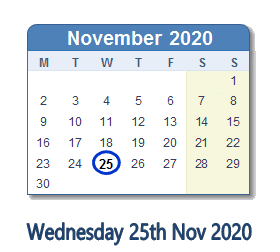 25 November 2020 calendar