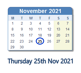 25 November 2021 calendar