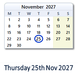 25 November 2027 calendar
