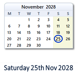 25 November 2028 calendar