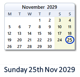 25 November 2029 calendar