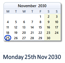 25 November 2030 calendar