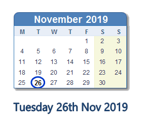 26 November 2019 calendar