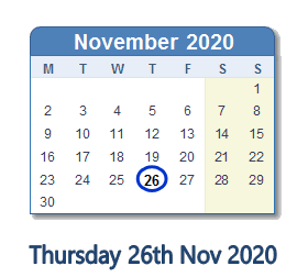 26 November 2020 calendar