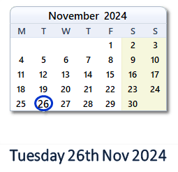 26 November 2024 calendar