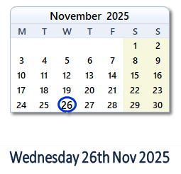 26 November 2025 calendar