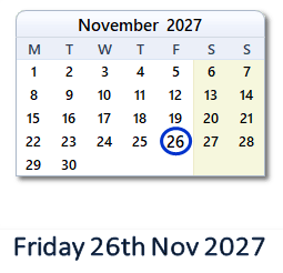 26 November 2027 calendar