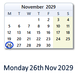 26 November 2029 calendar