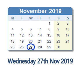 27 November 2019 calendar
