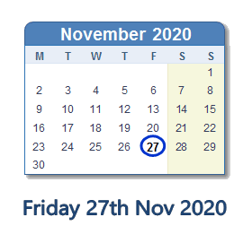 27 November 2020 calendar